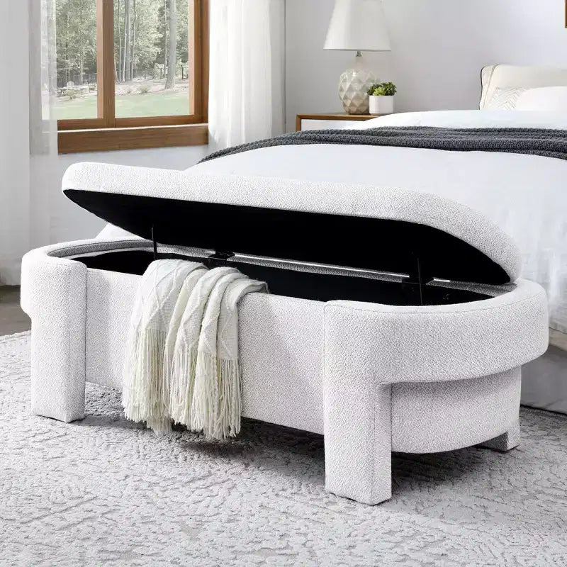 Banc de rangement ottoman ovale Okak avec grand espace de rangement, banc de rangement avec pieds décoratifs en bois et coussins en lin, banc d'entrée