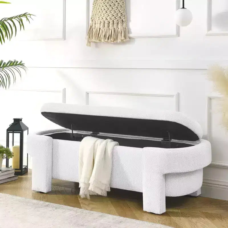 Banc de rangement ottoman ovale Okak avec grand espace de rangement, banc de rangement avec pieds décoratifs en bois et coussins en lin, banc d'entrée