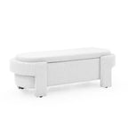 Banc de rangement ottoman ovale Okak avec grand espace de rangement, banc de rangement avec pieds décoratifs en bois et coussins en lin, banc d'entrée