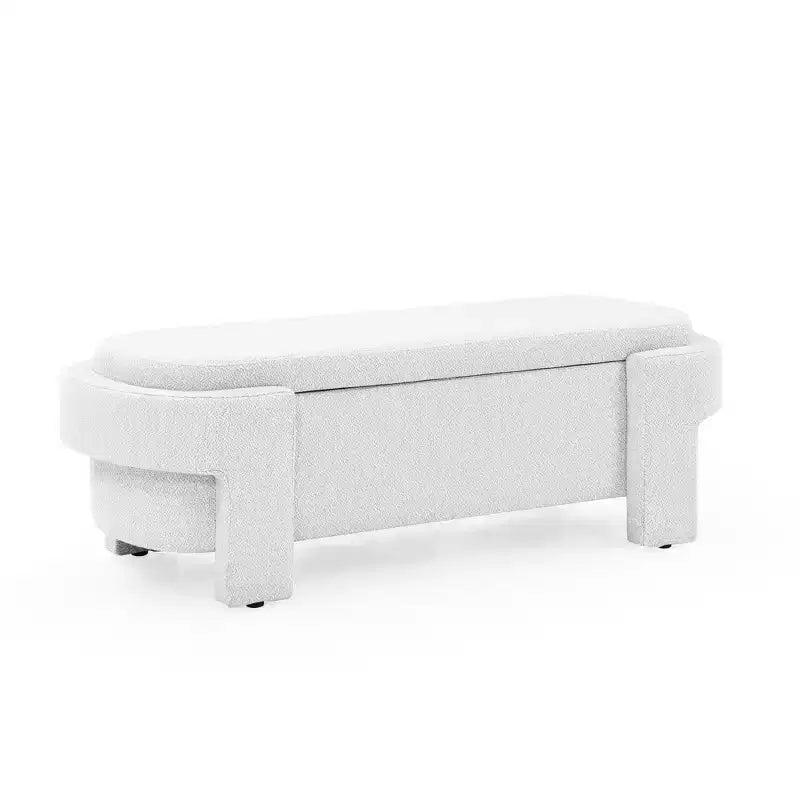 Banc de rangement ottoman ovale Okak avec grand espace de rangement, banc de rangement avec pieds décoratifs en bois et coussins en lin, banc d'entrée