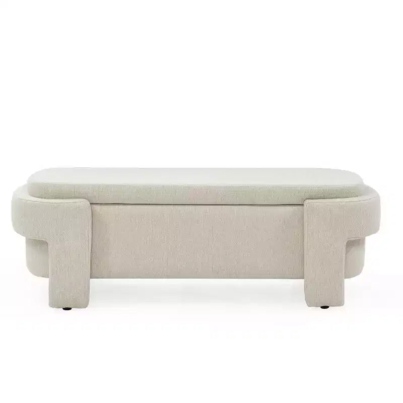 Banc de rangement ottoman ovale Okak avec grand espace de rangement, banc de rangement avec pieds décoratifs en bois et coussins en lin, banc d'entrée