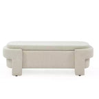 Banc de rangement ottoman ovale Okak avec grand espace de rangement, banc de rangement avec pieds décoratifs en bois et coussins en lin, banc d'entrée