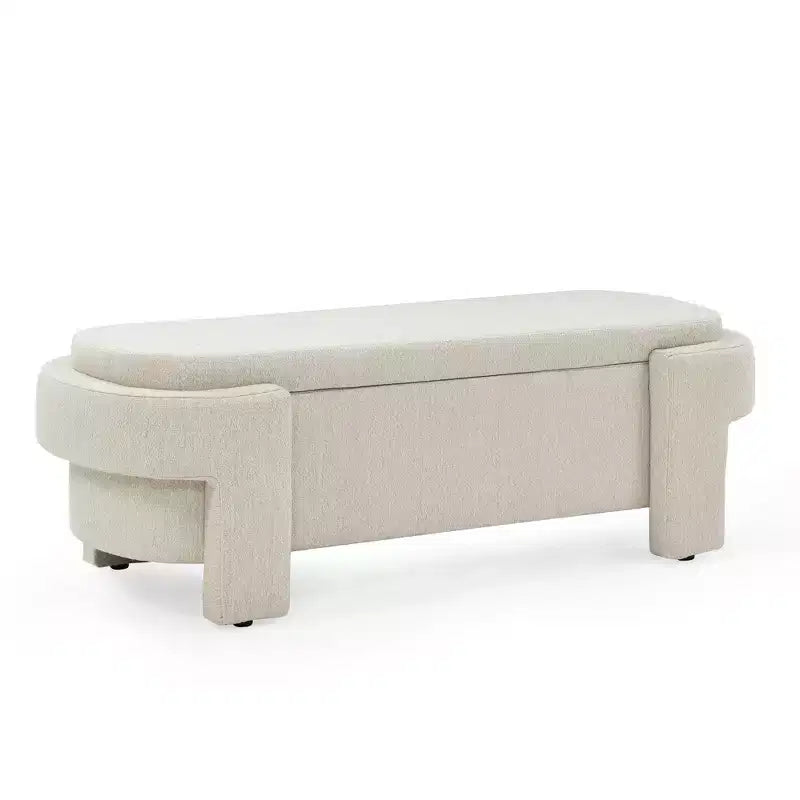Banc de rangement ottoman ovale Okak avec grand espace de rangement, banc de rangement avec pieds décoratifs en bois et coussins en lin, banc d'entrée