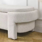 Banc de rangement ottoman ovale Okak avec grand espace de rangement, banc de rangement avec pieds décoratifs en bois et coussins en lin, banc d'entrée