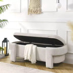 Banc de rangement ottoman ovale Okak avec grand espace de rangement, banc de rangement avec pieds décoratifs en bois et coussins en lin, banc d'entrée