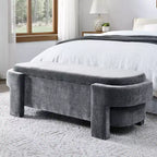 Banc de rangement ottoman ovale Okak avec grand espace de rangement, banc de rangement avec pieds décoratifs en bois et coussins en lin, banc d'entrée
