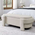 Banc de rangement ottoman ovale Okak avec grand espace de rangement, banc de rangement avec pieds décoratifs en bois et coussins en lin, banc d'entrée