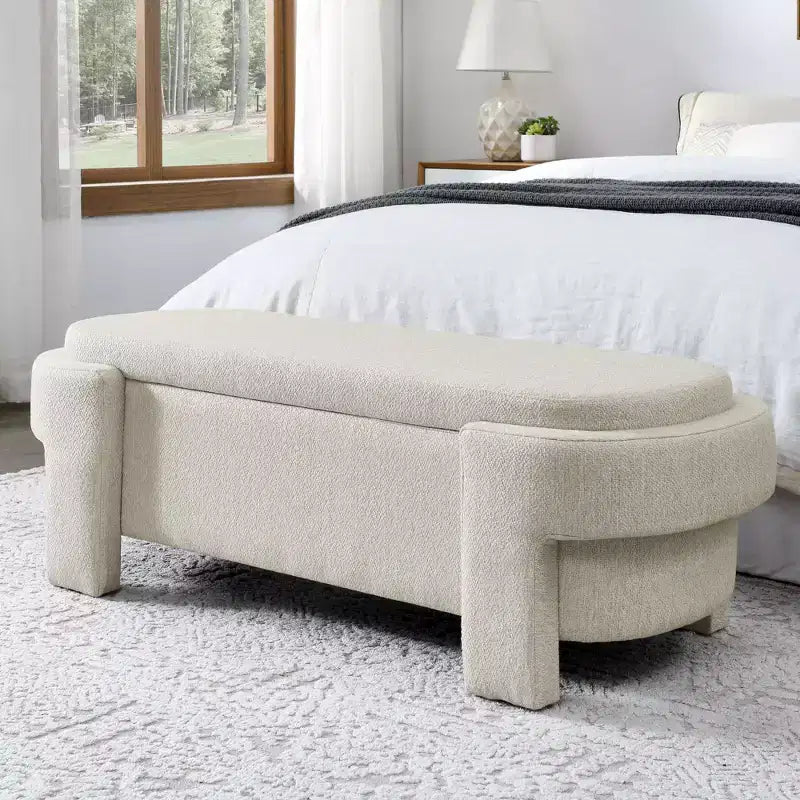 Banc de rangement ottoman ovale Okak avec grand espace de rangement, banc de rangement avec pieds décoratifs en bois et coussins en lin, banc d'entrée