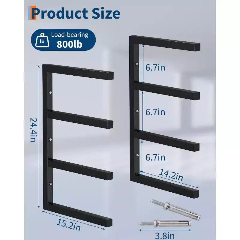 Support de Stockage pour Bois, Organisateur de Bois Lot de 8 Étagères Murales à 4 Niveaux en Acier Robuste, Capacité de 1450 kg pour Abri de Jardin, Atelier, Garage, Noir