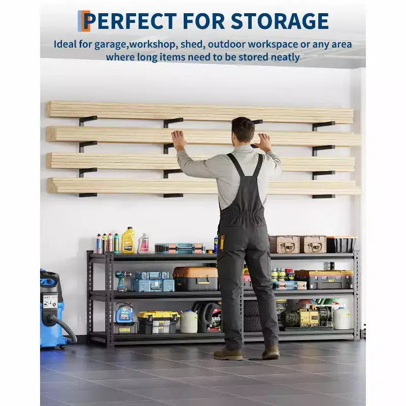 Support de Stockage pour Bois, Organisateur de Bois Lot de 8 Étagères Murales à 4 Niveaux en Acier Robuste, Capacité de 1450 kg pour Abri de Jardin, Atelier, Garage, Noir