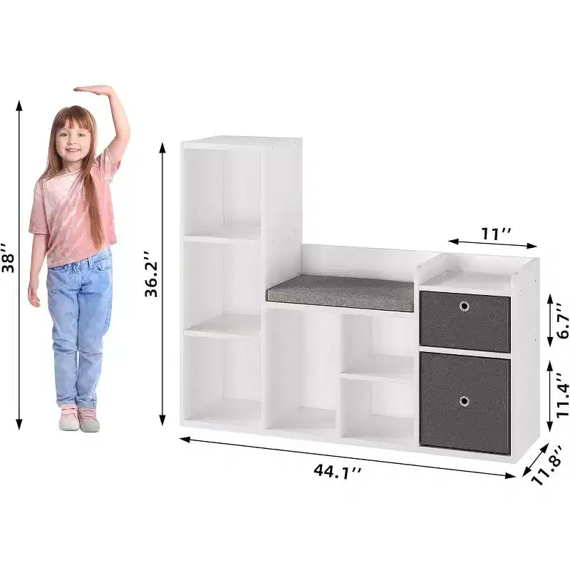 Bibliothèque pour enfants, Bibliothèque maison de poupée, Coin lecture avec siège, Meuble de rangement pour enfants avec 6 casiers et tiroirs pour salle de jeux ou chambre à coucher