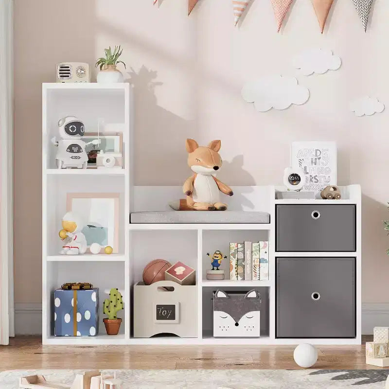 Bibliothèque pour enfants, Bibliothèque maison de poupée, Coin lecture avec siège, Meuble de rangement pour enfants avec 6 casiers et tiroirs pour salle de jeux ou chambre à coucher