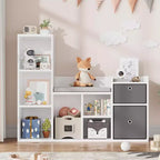 Bibliothèque pour enfants, Bibliothèque maison de poupée, Coin lecture avec siège, Meuble de rangement pour enfants avec 6 casiers et tiroirs pour salle de jeux ou chambre à coucher