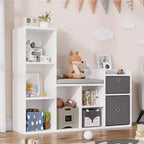Bibliothèque pour enfants, Bibliothèque maison de poupée, Coin lecture avec siège, Meuble de rangement pour enfants avec 6 casiers et tiroirs pour salle de jeux ou chambre à coucher