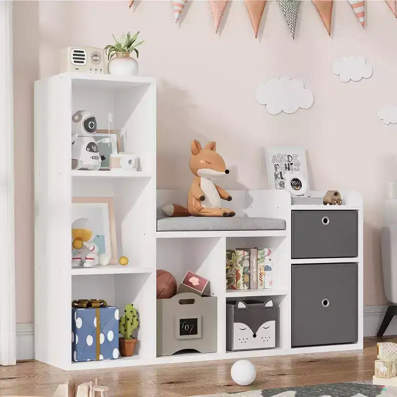 Bibliothèque pour enfants, Bibliothèque maison de poupée, Coin lecture avec siège, Meuble de rangement pour enfants avec 6 casiers et tiroirs pour salle de jeux ou chambre à coucher