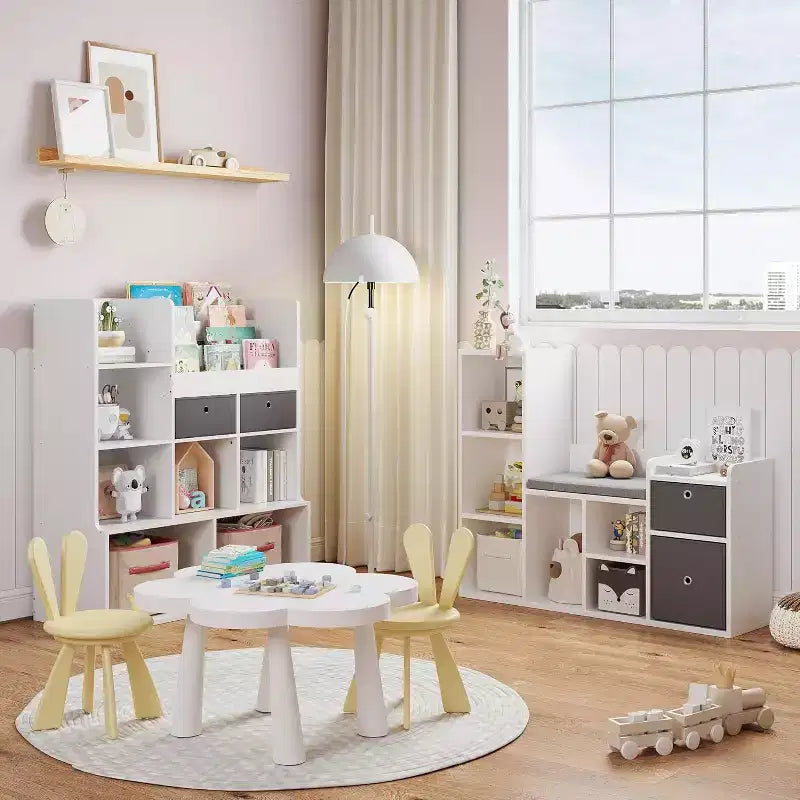 Bibliothèque pour enfants, Bibliothèque maison de poupée, Coin lecture avec siège, Meuble de rangement pour enfants avec 6 casiers et tiroirs pour salle de jeux ou chambre à coucher