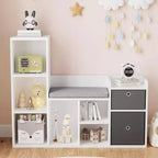 Bibliothèque pour enfants, Bibliothèque maison de poupée, Coin lecture avec siège, Meuble de rangement pour enfants avec 6 casiers et tiroirs pour salle de jeux ou chambre à coucher