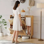 Meuble à chaussures dissimulé en rotin naturel | Miroir + étagères réglables, 2 tiroirs basculants pour salon, entrée, couloir