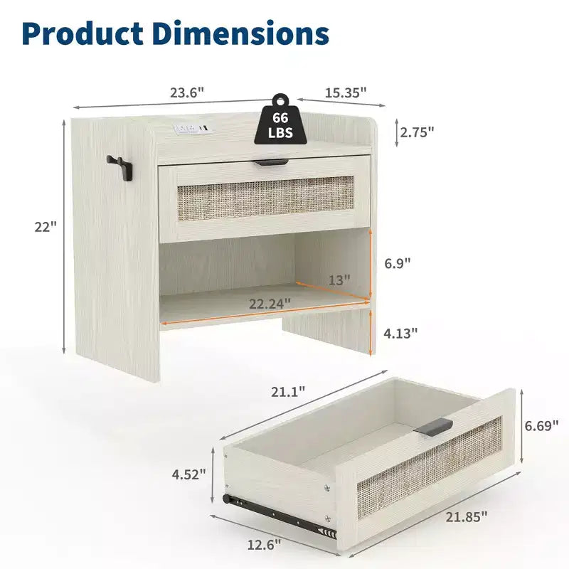 Lot de 2 tables de chevet en rotin avec station de recharge, table de nuit bohème avec tiroir et étagère ouverte pour chambre, salon et bureau