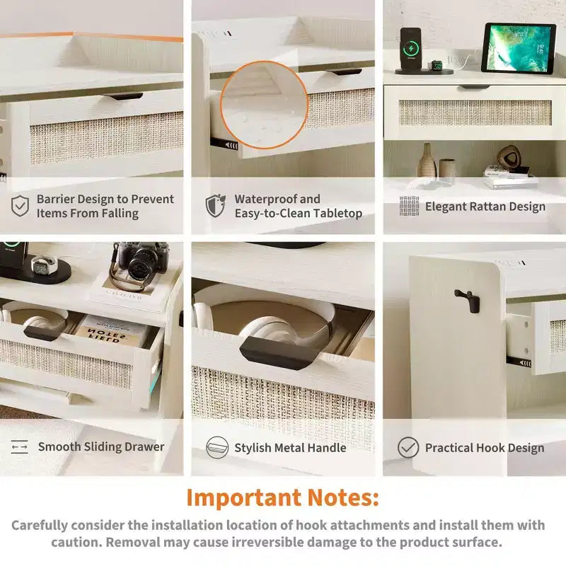 Lot de 2 tables de chevet en rotin avec station de recharge, table de nuit bohème avec tiroir et étagère ouverte pour chambre, salon et bureau