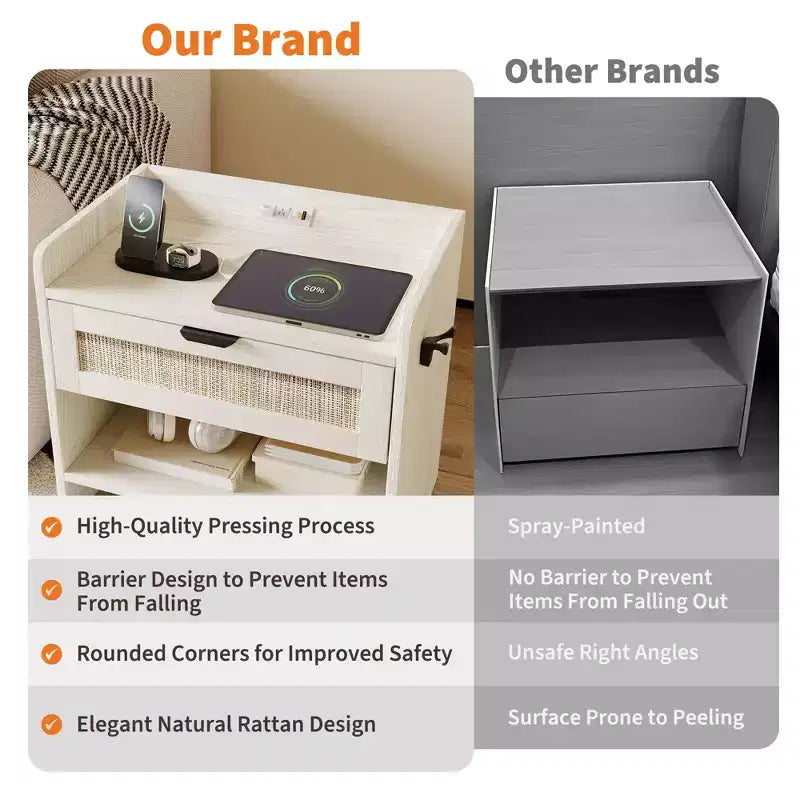 Lot de 2 tables de chevet en rotin avec station de recharge, table de nuit bohème avec tiroir et étagère ouverte pour chambre, salon et bureau