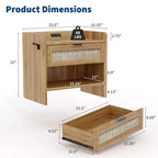 Lot de 2 tables de chevet en rotin avec station de recharge, table de nuit bohème avec tiroir et étagère ouverte pour chambre, salon et bureau
