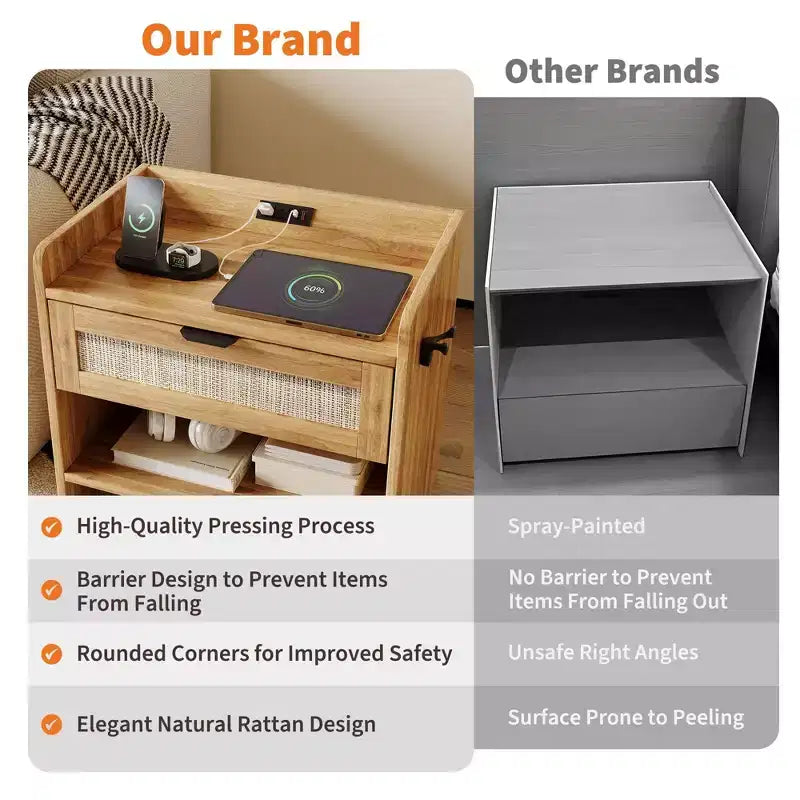 Lot de 2 tables de chevet en rotin avec station de recharge, table de nuit bohème avec tiroir et étagère ouverte pour chambre, salon et bureau