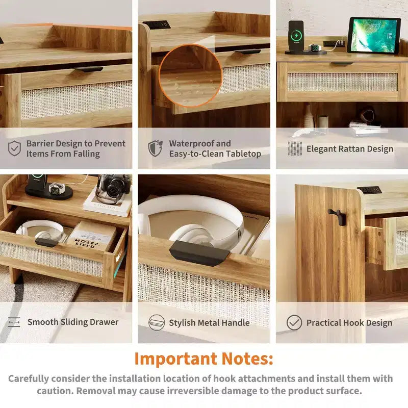Lot de 2 tables de chevet en rotin avec station de recharge, table de nuit bohème avec tiroir et étagère ouverte pour chambre, salon et bureau