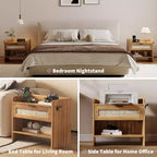 Lot de 2 tables de chevet en rotin avec station de recharge, table de nuit bohème avec tiroir et étagère ouverte pour chambre, salon et bureau