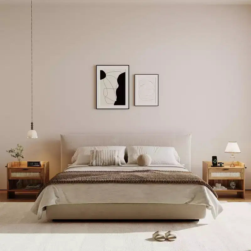 Lot de 2 tables de chevet en rotin avec station de recharge, table de nuit bohème avec tiroir et étagère ouverte pour chambre, salon et bureau