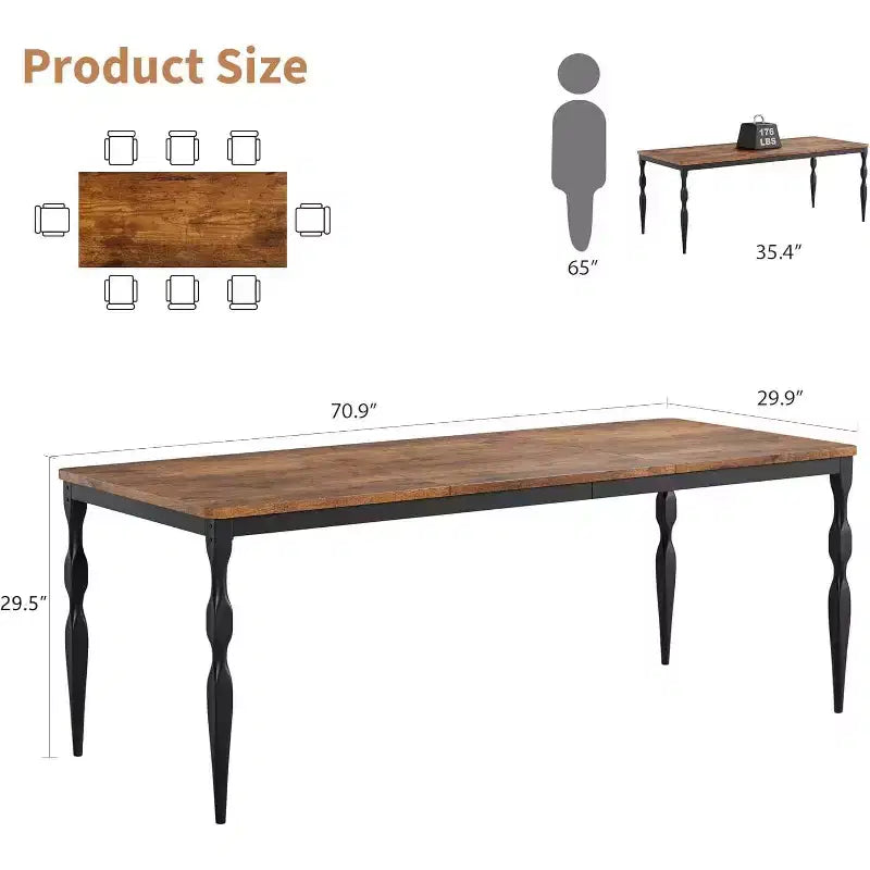 Table de salle à manger de ferme en bois massif de 7 pouces, pieds robustes, 6 à 8 places, table rectangulaire idéale pour la cuisine, la salle à manger