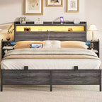 Lit bibliothèque complet Besiost avec rangement, étagère coulissante de chevet, station de charge et éclairage LED
