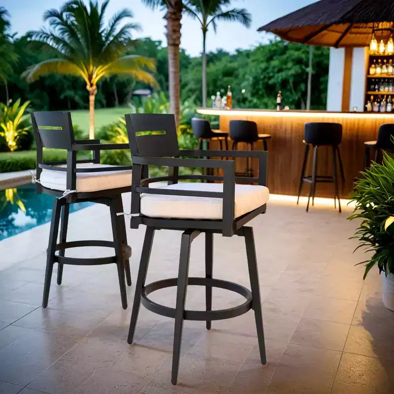 Tabouret de bar d'extérieur pivotant pour terrasse (lot de 2), matériau en aluminium, pieds effilés et coussin amovible