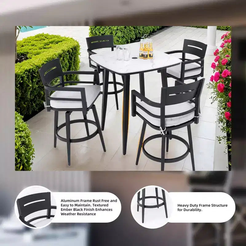 Tabouret de bar d'extérieur pivotant pour terrasse (lot de 2), matériau en aluminium, pieds effilés et coussin amovible
