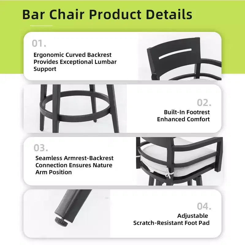Tabouret de bar d'extérieur pivotant pour terrasse (lot de 2), matériau en aluminium, pieds effilés et coussin amovible