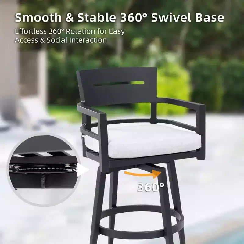 Tabouret de bar d'extérieur pivotant pour terrasse (lot de 2), matériau en aluminium, pieds effilés et coussin amovible