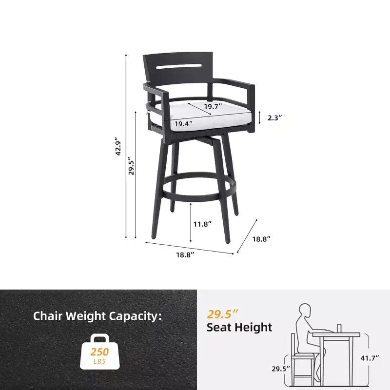 Tabouret de bar d'extérieur pivotant pour terrasse (lot de 2), matériau en aluminium, pieds effilés et coussin amovible
