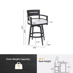 Tabouret de bar d'extérieur pivotant pour terrasse (lot de 2), matériau en aluminium, pieds effilés et coussin amovible
