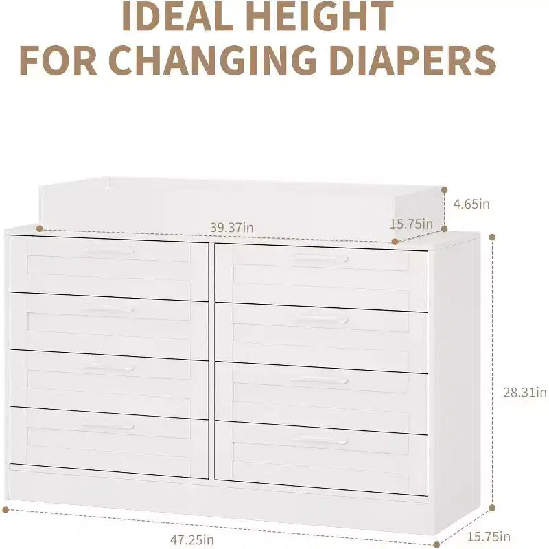 Commode de chambre d'enfant avec plan à langer, Commode bébé moderne avec 8 tiroirs en bois, Station à langer multi-tiroirs avec étagère supérieure de sécurité