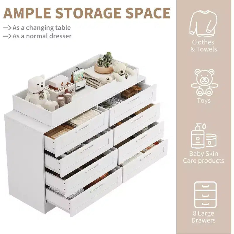 Commode de chambre d'enfant avec plan à langer, Commode bébé moderne avec 8 tiroirs en bois, Station à langer multi-tiroirs avec étagère supérieure de sécurité