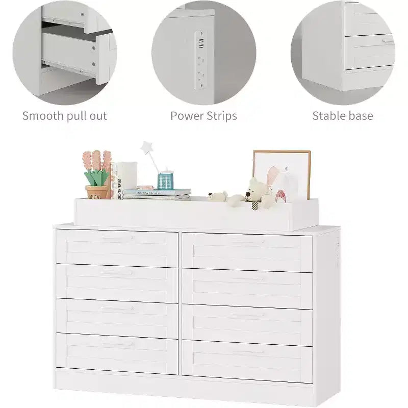 Commode de chambre d'enfant avec plan à langer, Commode bébé moderne avec 8 tiroirs en bois, Station à langer multi-tiroirs avec étagère supérieure de sécurité