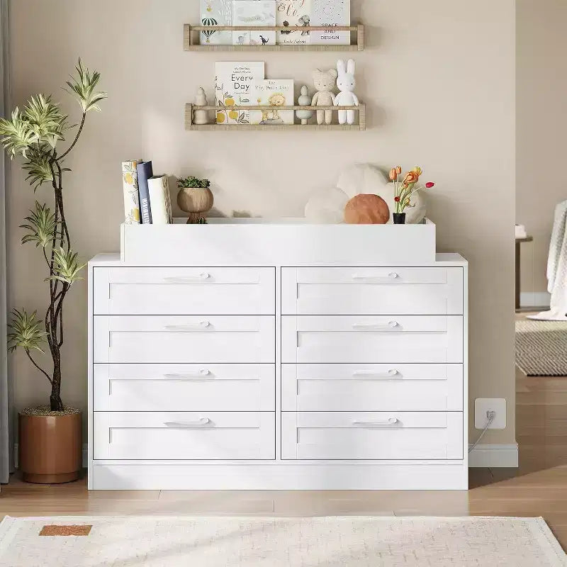 Commode de chambre d'enfant avec plan à langer, Commode bébé moderne avec 8 tiroirs en bois, Station à langer multi-tiroirs avec étagère supérieure de sécurité