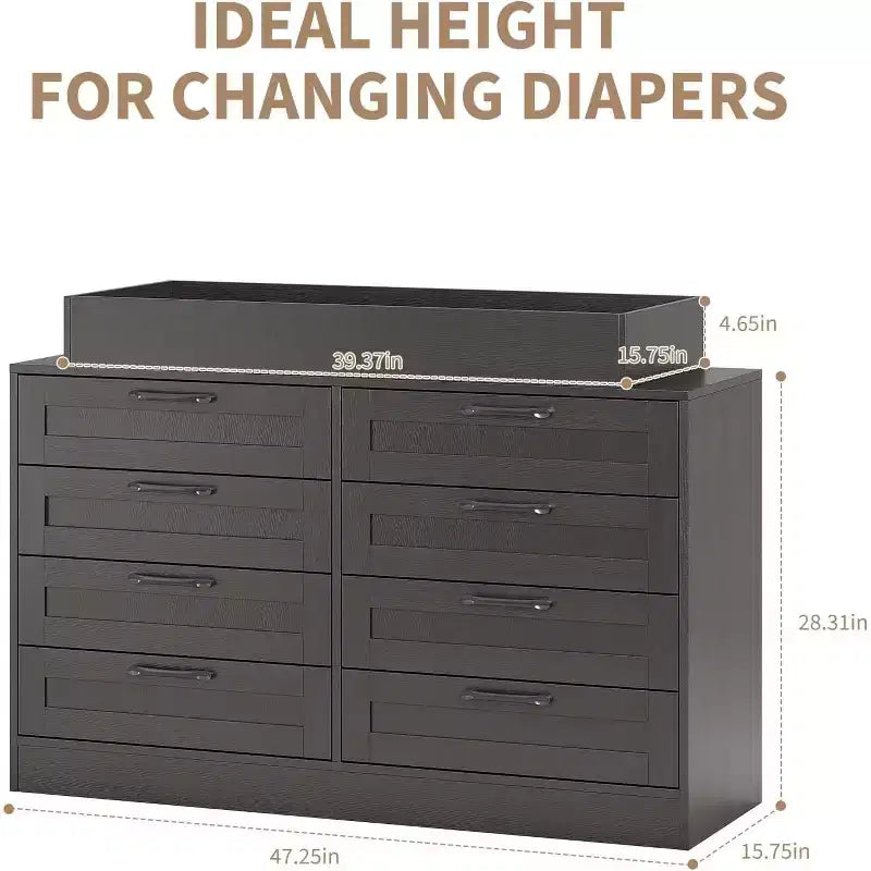 Commode de chambre d'enfant avec plan à langer, Commode bébé moderne avec 8 tiroirs en bois, Station à langer multi-tiroirs avec étagère supérieure de sécurité