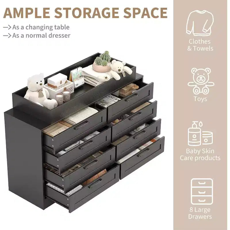 Commode de chambre d'enfant avec plan à langer, Commode bébé moderne avec 8 tiroirs en bois, Station à langer multi-tiroirs avec étagère supérieure de sécurité