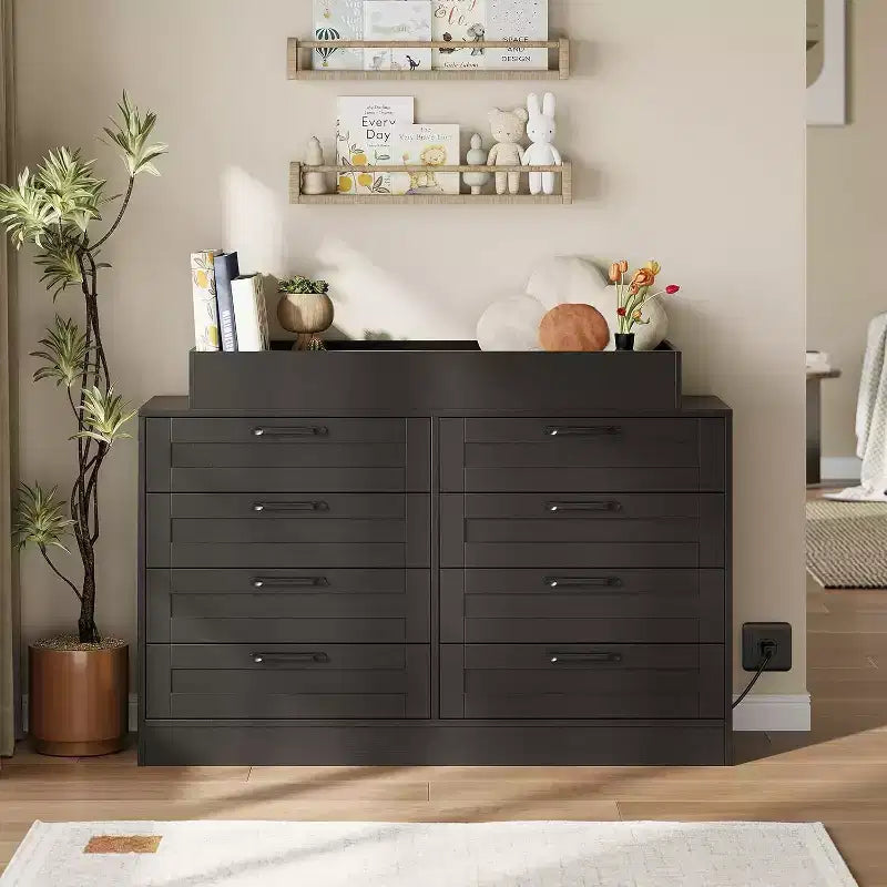 Commode de chambre d'enfant avec plan à langer, Commode bébé moderne avec 8 tiroirs en bois, Station à langer multi-tiroirs avec étagère supérieure de sécurité