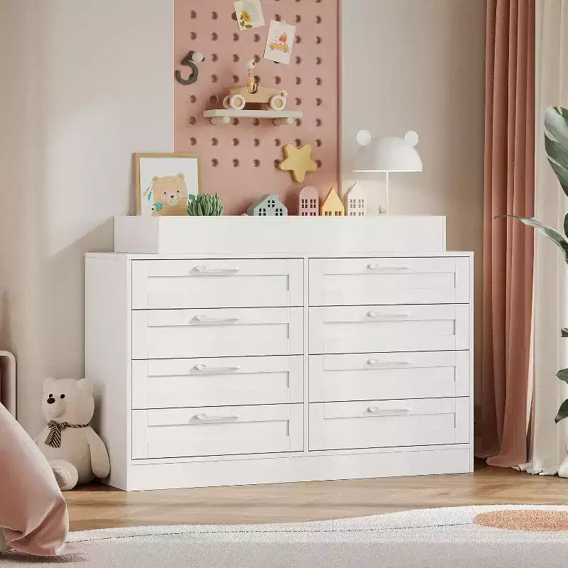 Commode de chambre d'enfant avec plan à langer, Commode bébé moderne avec 8 tiroirs en bois, Station à langer multi-tiroirs avec étagère supérieure de sécurité
