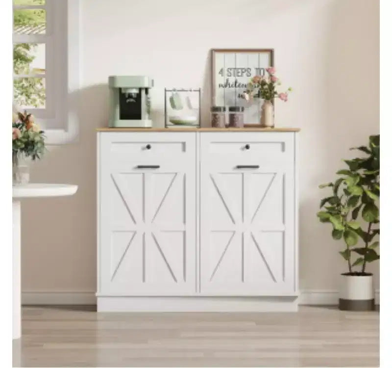 Meuble de cuisine pour poubelle en panneau de mélamine avec sac en tissu motif riz,