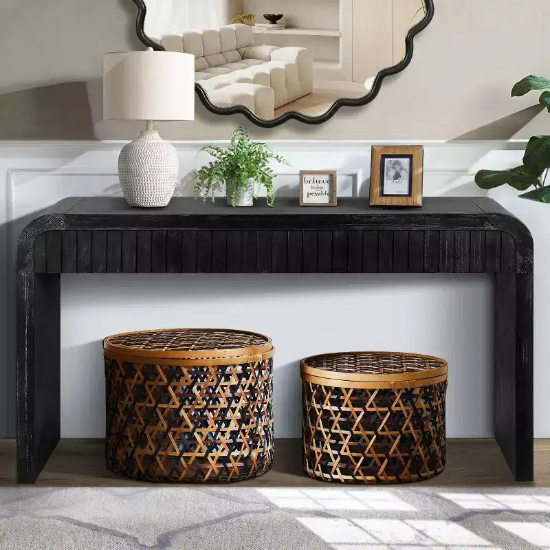TUYOHW Table d'entrée vintage artisanale de 150 cm avec 2 tiroirs à poignée cachée, console pour entrée, salon, couloir