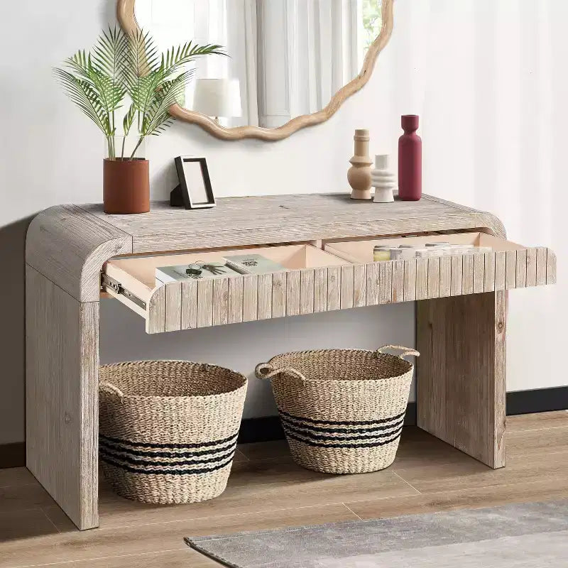 TUYOHW Table d'entrée vintage artisanale de 150 cm avec 2 tiroirs à poignée cachée, console pour entrée, salon, couloir