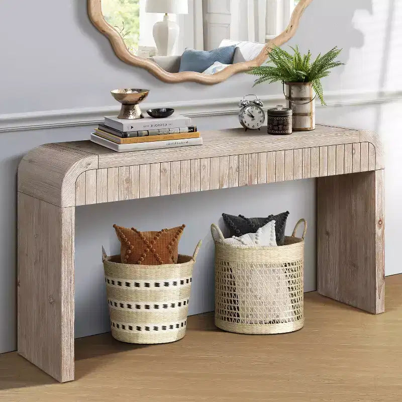 TUYOHW Table d'entrée vintage artisanale de 150 cm avec 2 tiroirs à poignée cachée, console pour entrée, salon, couloir